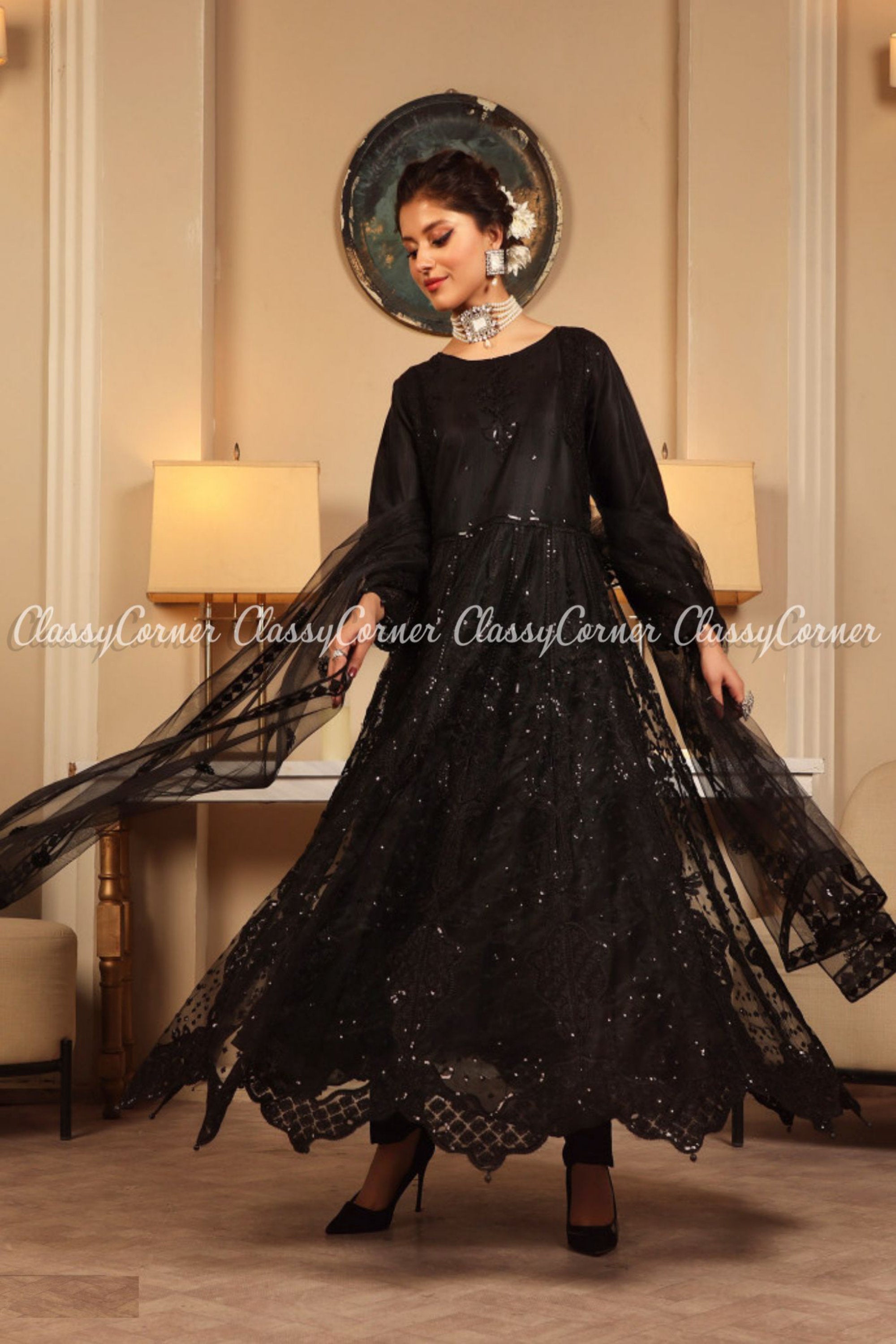 Black Sequins Embroidered Georgette Party Wear Pakistani Salwar Suit –  Apparel Designer